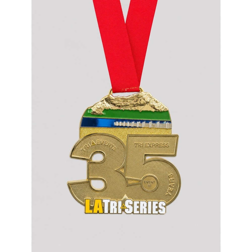 LA Tri Series 35th Anniversary Event 1 Gold Tone Triathlon Medal Red Ribbon
